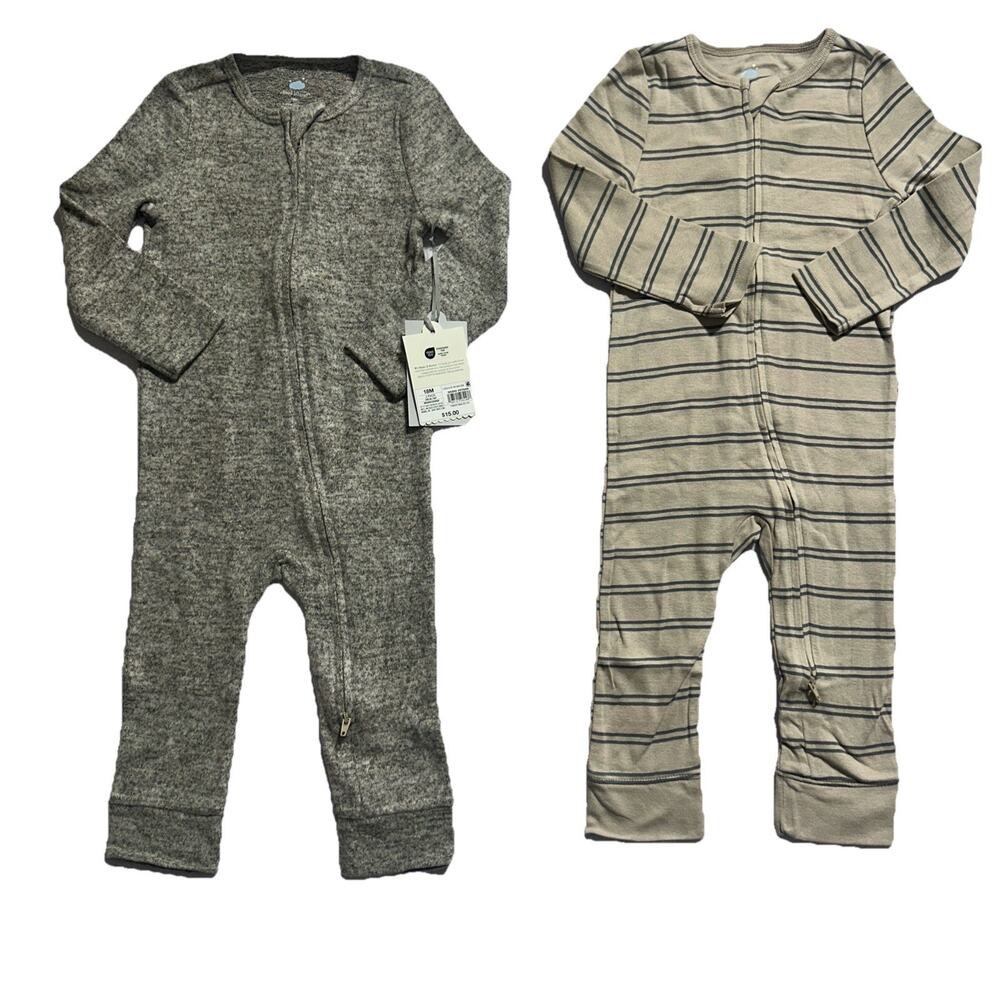 Baby Rompers 2-Pack 18 Months Grey & Beige Striped Standard 2-way Zip - NWTs